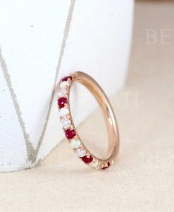 Opal Ruby Diamond Eternity Band, Rose Gold Ruby Opal Wedding Ring - Image 5