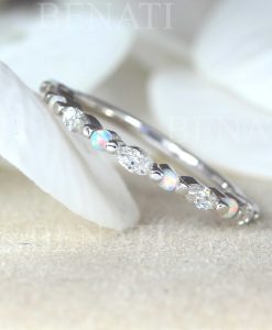 Opal and moissanite wedding band, 14k/18k Dainty marquise vintage ring - Image 2