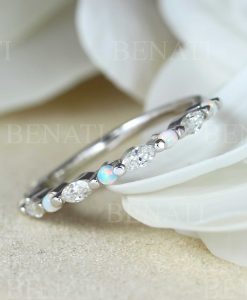 Opal and moissanite wedding band, 14k/18k Dainty marquise vintage ring - Image 3