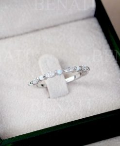 Opal and moissanite wedding band, 14k/18k Dainty marquise vintage ring - Image 5