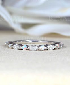 Opal and moissanite wedding band, 14k/18k Dainty marquise vintage ring - Image 6