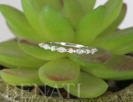 Opal and moissanite wedding band, 14k/18k Dainty marquise vintage ring
