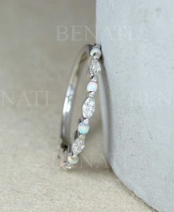 Opal and moissanite wedding band, 14k/18k Dainty marquise vintage ring - Image 8