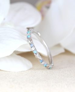 Solid Gold Thin Diamond and Opal Eternity Band, Unique Leaf Bridal Stacking Ring - Image 2