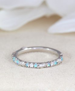 Solid Gold Thin Diamond and Opal Eternity Band, Unique Leaf Bridal Stacking Ring - Image 3