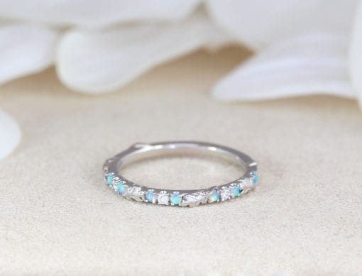 Solid Gold Thin Diamond and Opal Eternity Band, Unique Leaf Bridal Stacking Ring
