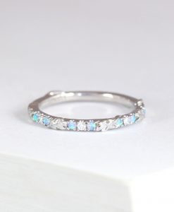 Solid Gold Thin Diamond and Opal Eternity Band, Unique Leaf Bridal Stacking Ring - Image 4
