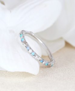 Solid Gold Thin Diamond and Opal Eternity Band, Unique Leaf Bridal Stacking Ring - Image 5