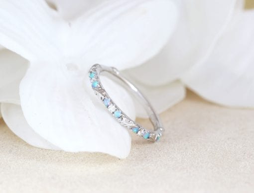 Solid Gold Thin Diamond and Opal Eternity Band, Unique Leaf Bridal Stacking Ring