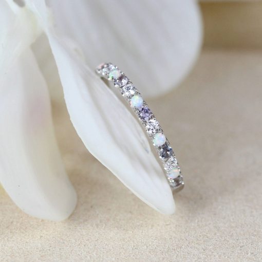 Opal Diamond Alexandrite Thin Pave Eternity Ring, Multicolor White Gold Band