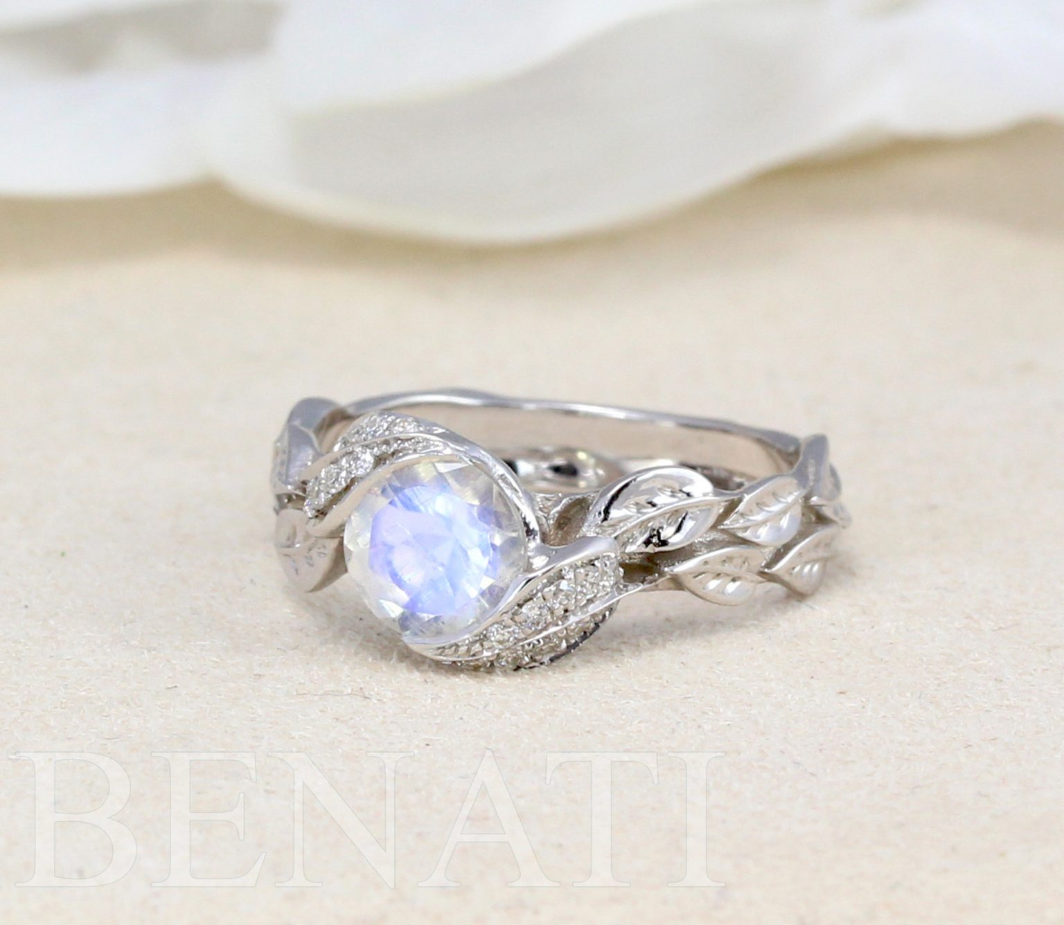 Moonstone Engagement Ring, Rainbow Moonstone Boho Leaves Ring Benati