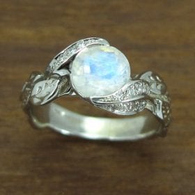 Moonstone Engagement Ring, Rainbow Moonstone Boho Leaves Ring