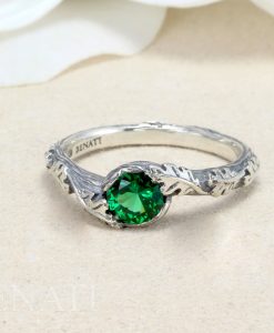 Emerald Leaf Engagement Ring set, Silver Emerald Leaf Rings - Image 2