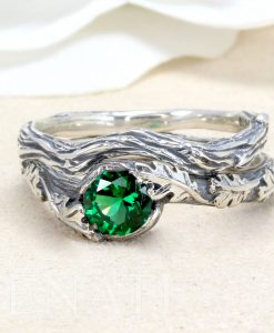Emerald Leaf Engagement Ring set, Silver Emerald Leaf Rings - Image 3