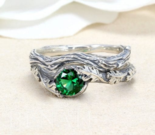 Emerald Leaf Engagement Ring set, Silver Emerald Leaf Rings