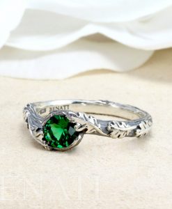 Emerald Leaf Engagement Ring set, Silver Emerald Leaf Rings - Image 5
