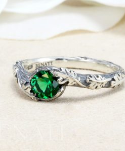 Emerald Leaf Engagement Ring set, Silver Emerald Leaf Rings - Image 6