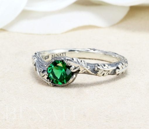 Emerald Leaf Engagement Ring set, Silver Emerald Leaf Rings