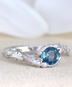 Solid Gold Blue Topaz Leaf Ring, Blue Topaz Nature Inspired Engagement Ring - Image 2