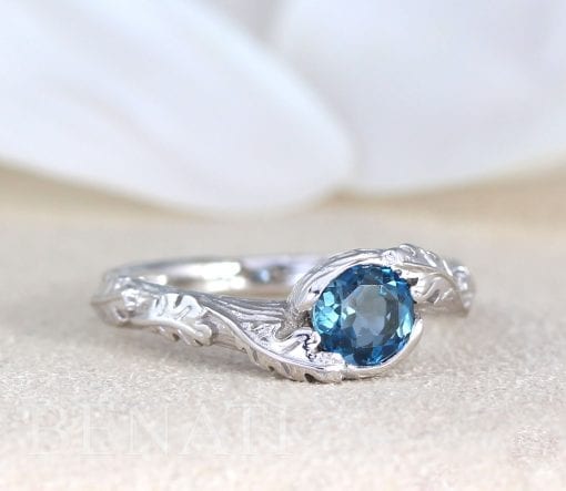 Solid Gold Blue Topaz Leaf Ring, Blue Topaz Nature Inspired Engagement Ring