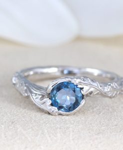 Solid Gold Blue Topaz Leaf Ring, Blue Topaz Nature Inspired Engagement Ring - Image 3