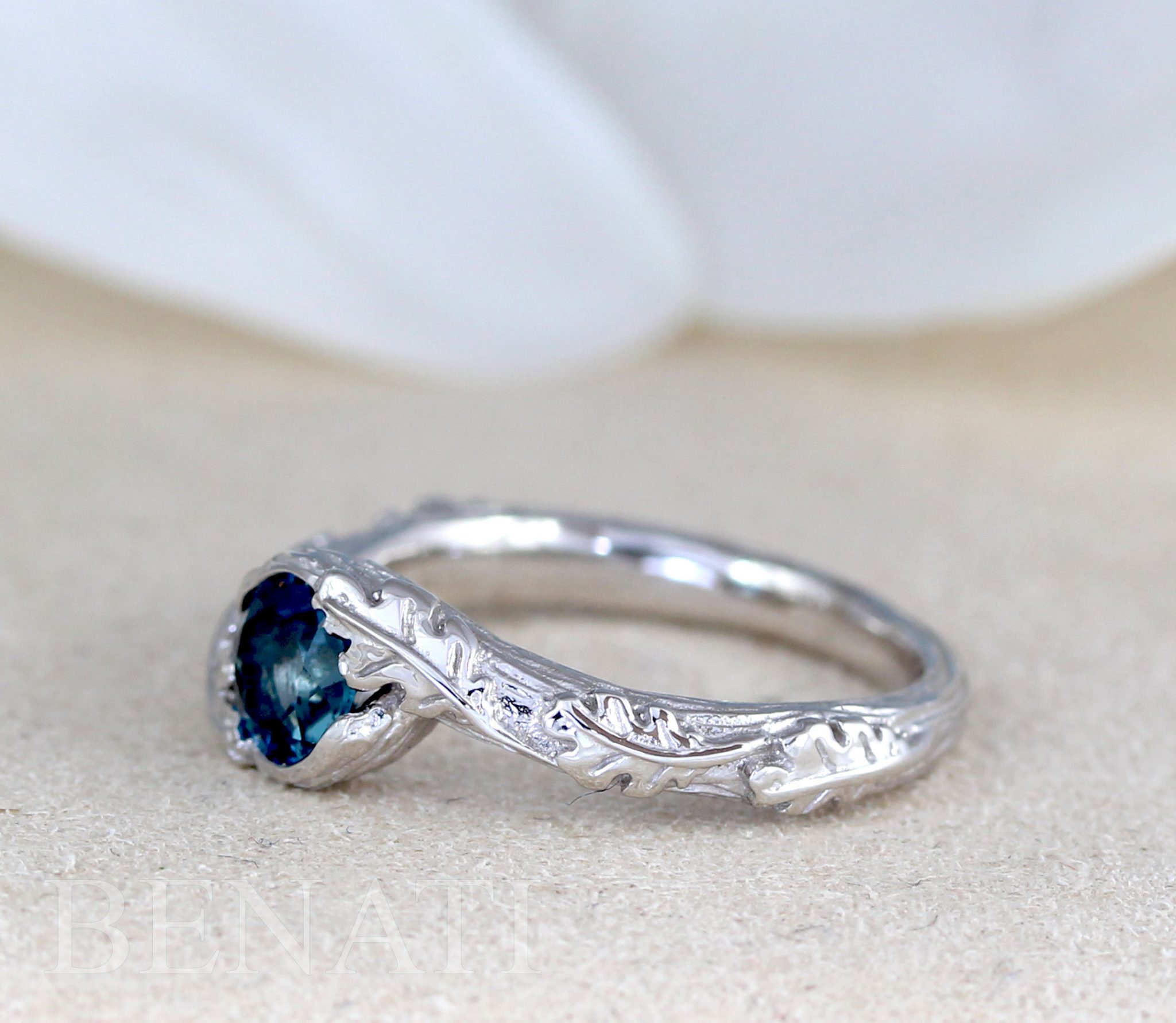 Solid Gold Blue Topaz Leaf Ring, Blue Topaz Nature Inspired Engagement