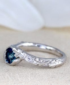 Solid Gold Blue Topaz Leaf Ring, Blue Topaz Nature Inspired Engagement Ring - Image 4