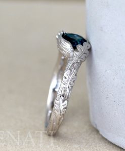Solid Gold Blue Topaz Leaf Ring, Blue Topaz Nature Inspired Engagement Ring - Image 5