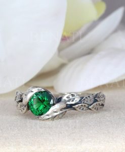 Leaf Ring With Emerald Gemstone In Silver, Green Stone Leaf Ring - Image 12