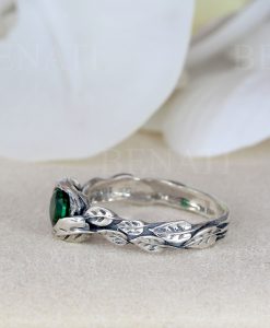 Leaf Ring With Emerald Gemstone In Silver, Green Stone Leaf Ring - Image 15