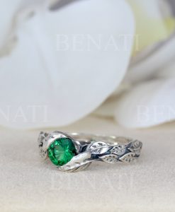 Leaf Ring With Emerald Gemstone In Silver, Green Stone Leaf Ring - Image 16
