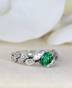 Leaf Ring With Emerald Gemstone In Silver, Green Stone Leaf Ring - Image 18