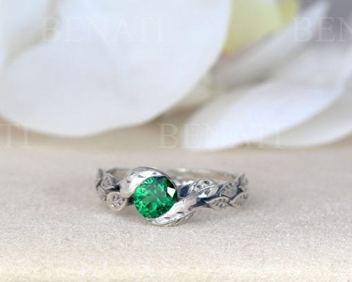 Leaf Ring With Emerald Gemstone In Silver, Green Stone Leaf Ring