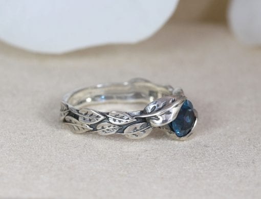Leaf Ring With London Blue Topaz Gemstone In Silver, Unique Promise Leaves Ring