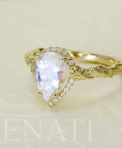 Pear Moonstone Engagement Ring, Rainbow Moonstone Vintage Rose Gold Engagement Ring With Diamond Halo - Image 8