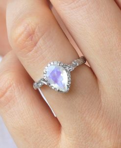 Pear Moonstone Engagement Ring, Rainbow Moonstone Vintage Rose Gold Engagement Ring With Diamond Halo - Image 11