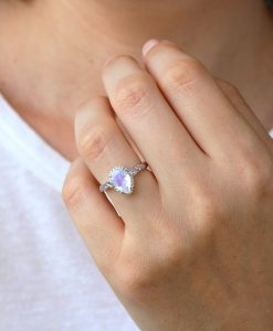 Pear Moonstone Engagement Ring, Rainbow Moonstone Vintage Rose Gold Engagement Ring With Diamond Halo - Image 12