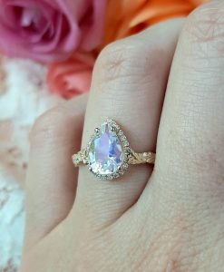 Pear Moonstone Engagement Ring, Rainbow Moonstone Vintage Rose Gold Engagement Ring With Diamond Halo - Image 13