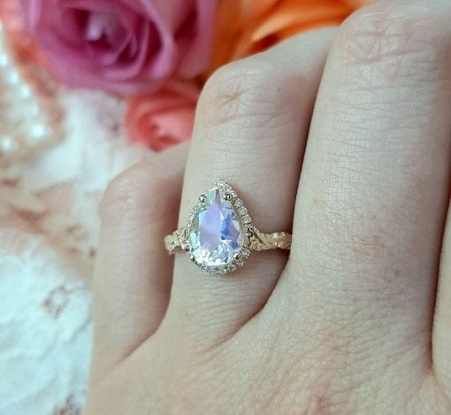 Pear Moonstone Engagement Ring, Rainbow Moonstone Vintage Rose Gold Engagement Ring With Diamond Halo