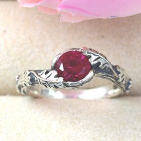 Silver Ruby Leaf Ring, Promise Nature Inspired Gemstone Ring