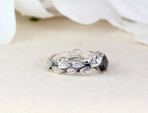 Black Stone Silver Leaf Ring, Black Leaf Ring