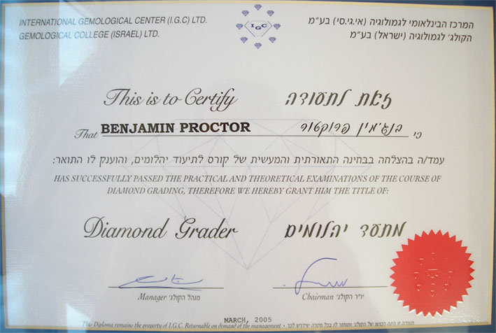 Ben Proctor's diamond grader certificate
