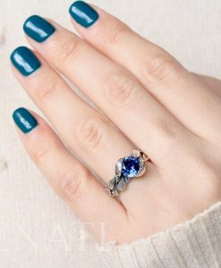 Leaf Ring With Gemstone In Silver, Sapphire Leaf Ring 2.00 Carat Leaves Ring - Image 2