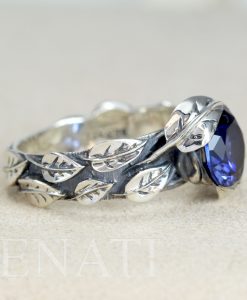Leaf Ring With Gemstone In Silver, Sapphire Leaf Ring 2.00 Carat Leaves Ring - Image 7