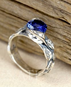 Leaf Ring With Gemstone In Silver, Sapphire Leaf Ring 2.00 Carat Leaves Ring - Image 8