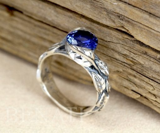 Leaf Ring With Gemstone In Silver, Sapphire Leaf Ring 2.00 Carat Leaves Ring