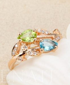 Floral Engagement Ring, Peridot and Aquamarine Leaves Nature Ring - Image 4
