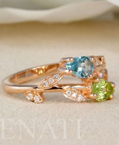 Floral Engagement Ring, Peridot and Aquamarine Leaves Nature Ring - Image 7