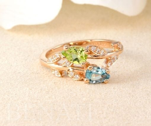 Floral Engagement Ring, Peridot and Aquamarine Leaves Nature Ring