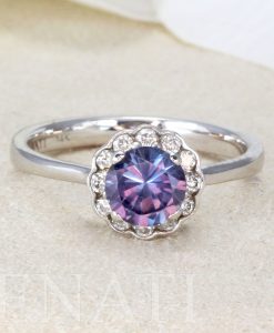 Natural Genuine Diamond Halo Alexandrite Engagement Ring, Alexandrite ring Gold Vintage June Birthstone Art Deco - Image 2